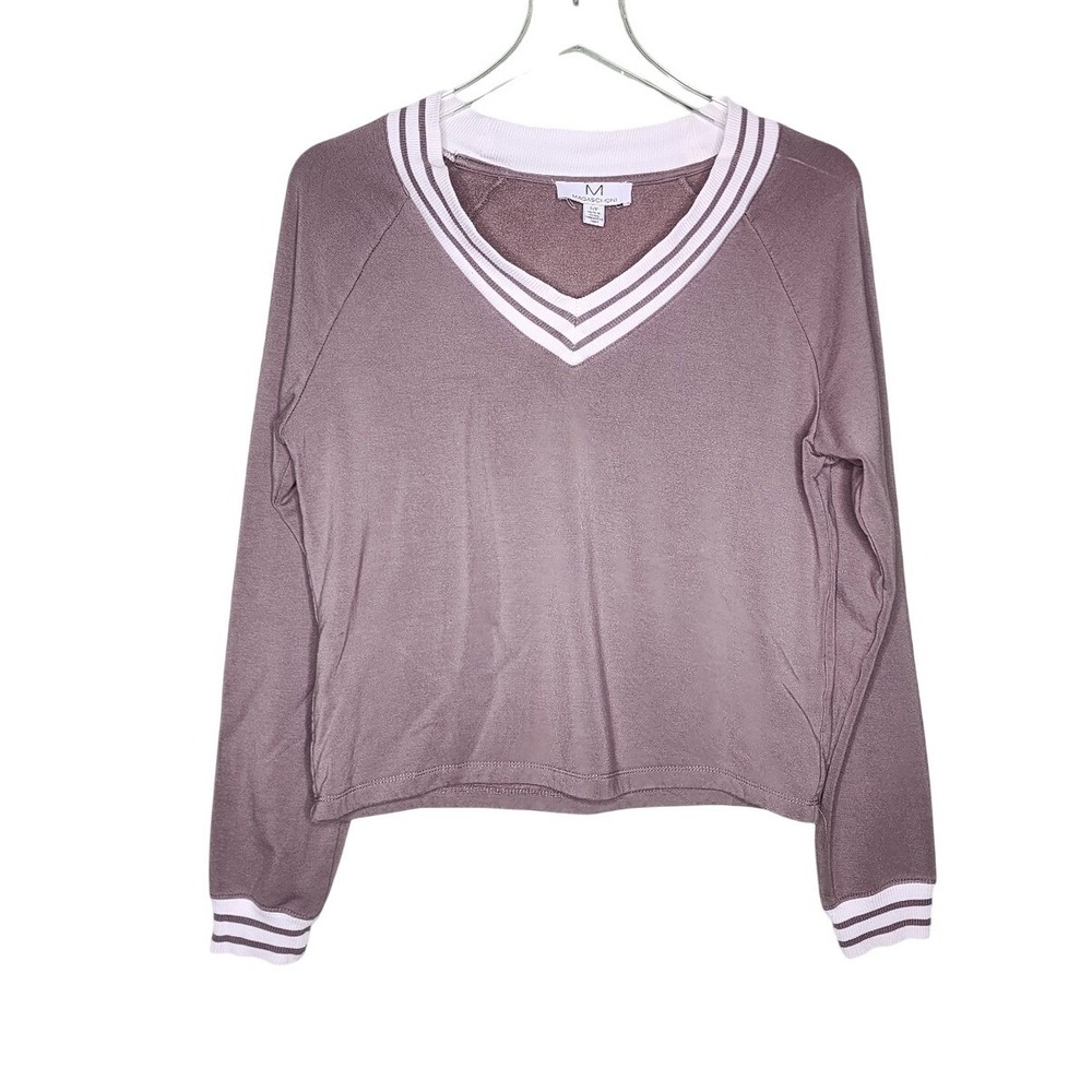 Magaschoni Taupe Long Sleeve Top with White Striped Cuffs VNeckline Office M